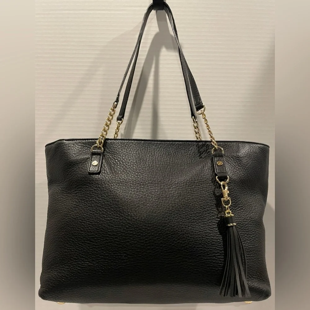 MICHAEL KORS Jet Set Gold Chain Tassel Black Pebbled Leather Large Luggage Tote
